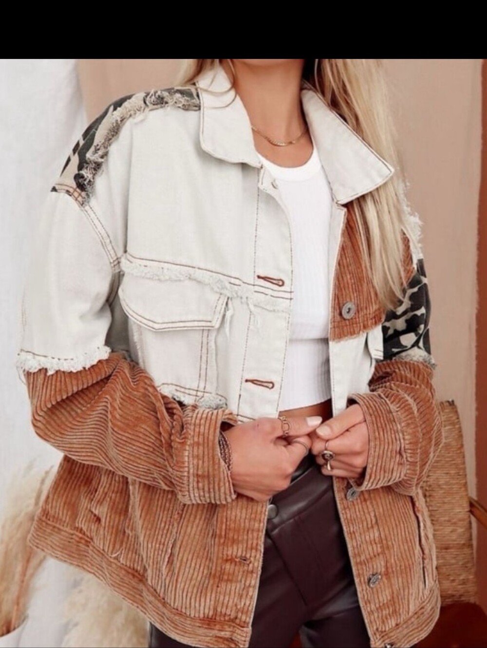 Vici Cream & Brown Corduroy Patchwork Jean Jacket